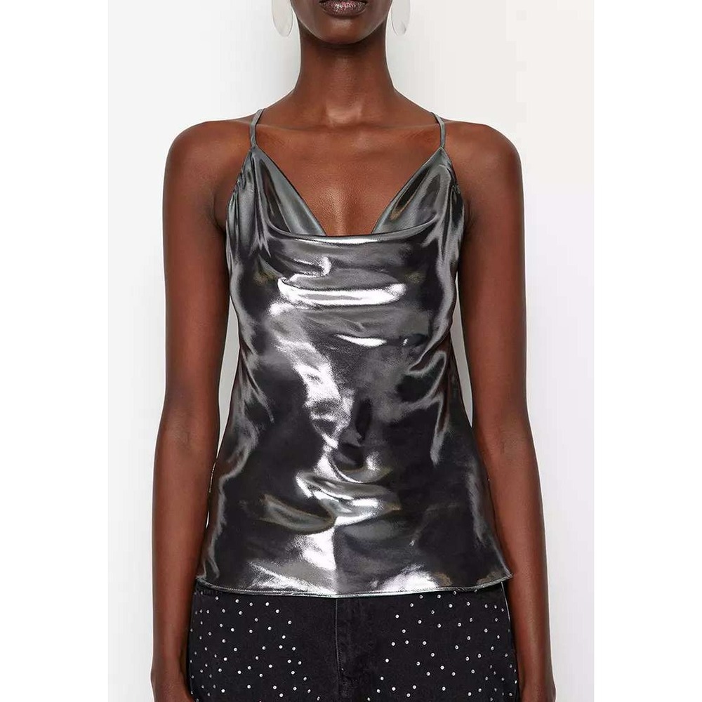 Commense Sleeveless Cowl Neck Top Shiny Metallic Silver Party Clubwear Blouse XS